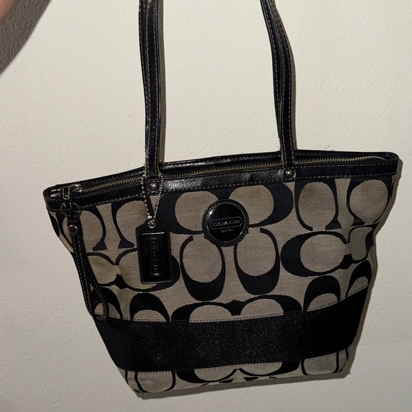 Coach Signature Black and Tan Tote - Picture 3 of 17